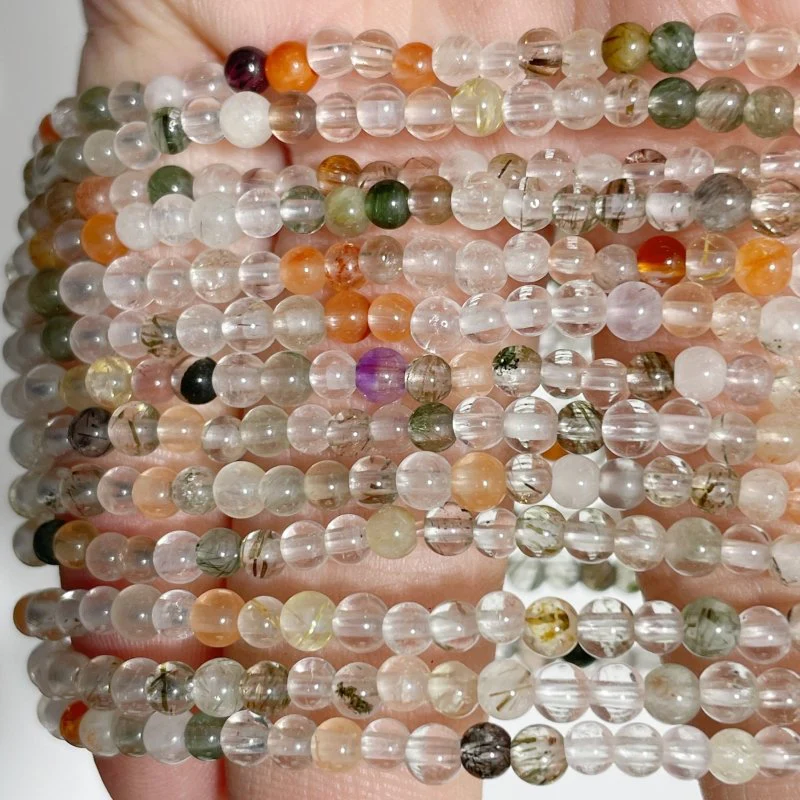 0.16in(4mm) Multi-gem Beads Bracelet Wholesale Rutile Amethyst Rabbit Hair Quartz Mixed Clear Quartz - Image 3