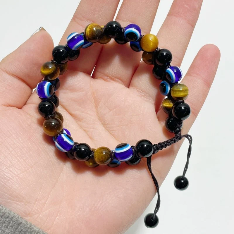 Multiple Materials Evil Eye Woven Adjustable Bracelets Wholesale Tiger Eye Obsidian