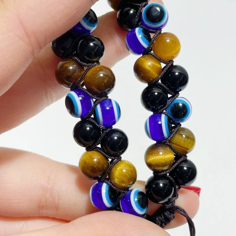 Multiple Materials Evil Eye Woven Adjustable Bracelets Wholesale Tiger Eye Obsidian - Image 2