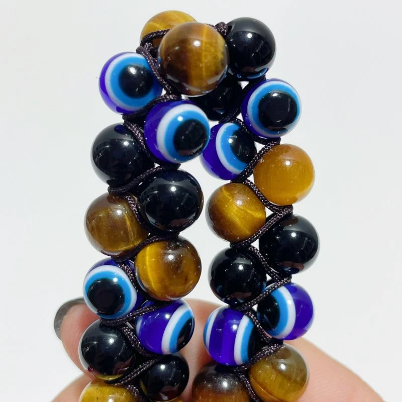 Multiple Materials Evil Eye Woven Adjustable Bracelets Wholesale Tiger Eye Obsidian - Image 3