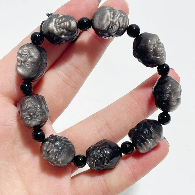 Silver Sheen Obsidian Eighteen Arhats Different Faces Bracelets Wholesale