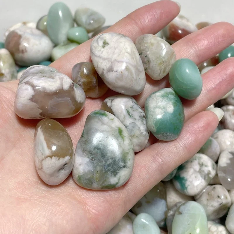 0.7-1.3in Green/White Flower Agate Tumbled Sakura Agate Wholesale