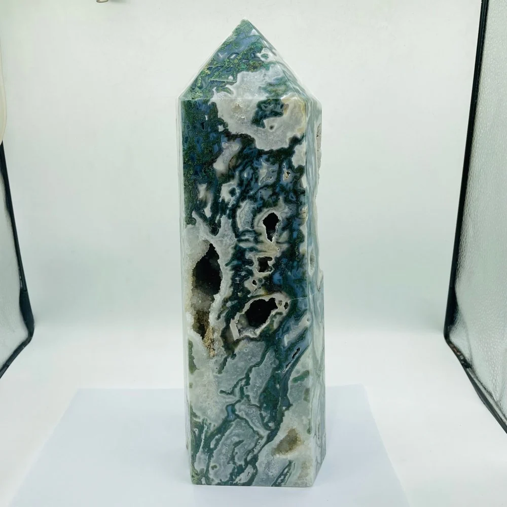 13in Large Unique Druzy Moss Agate Tower - Image 5