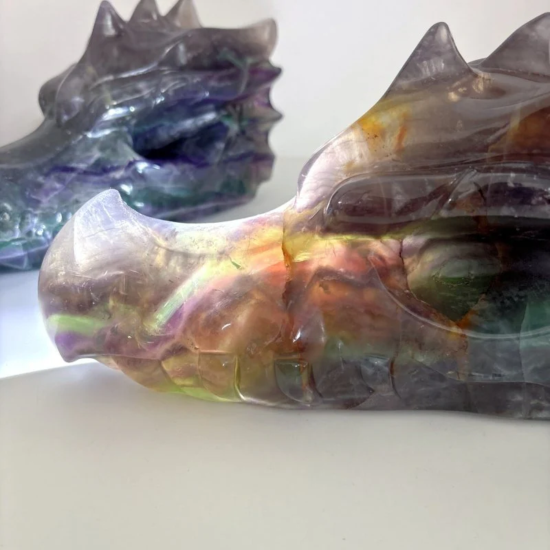 2 Pieces 10.5in Large Colorful Fluorite Dragon Head Carving - Image 2