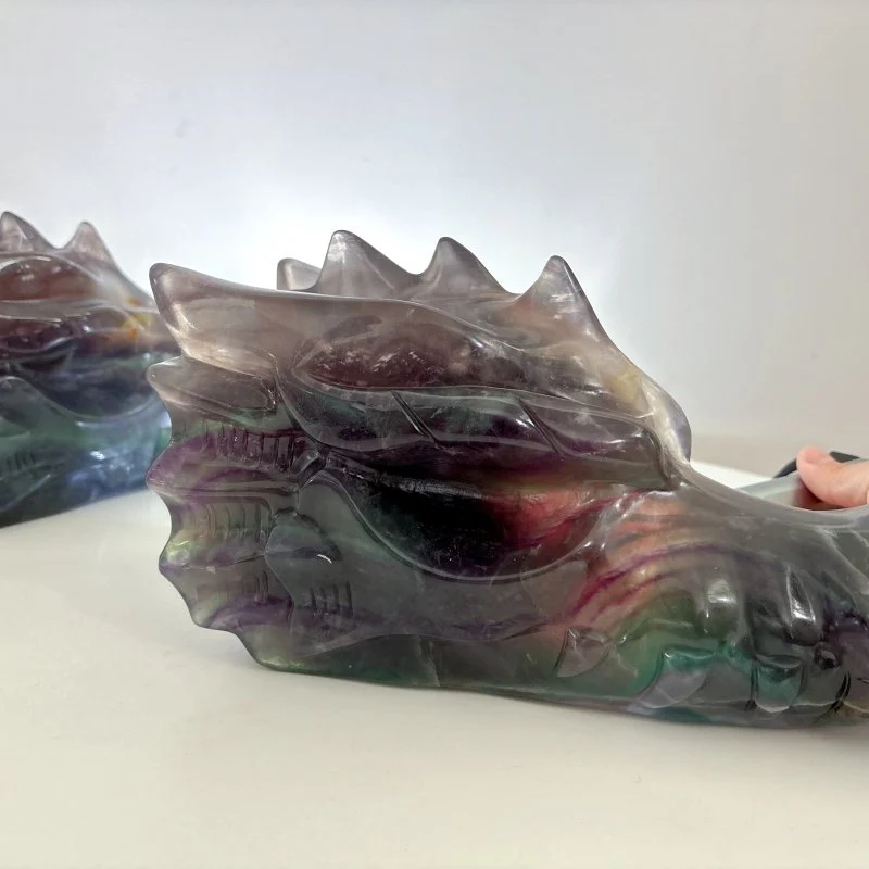 2 Pieces 10.5in Large Colorful Fluorite Dragon Head Carving - Image 6