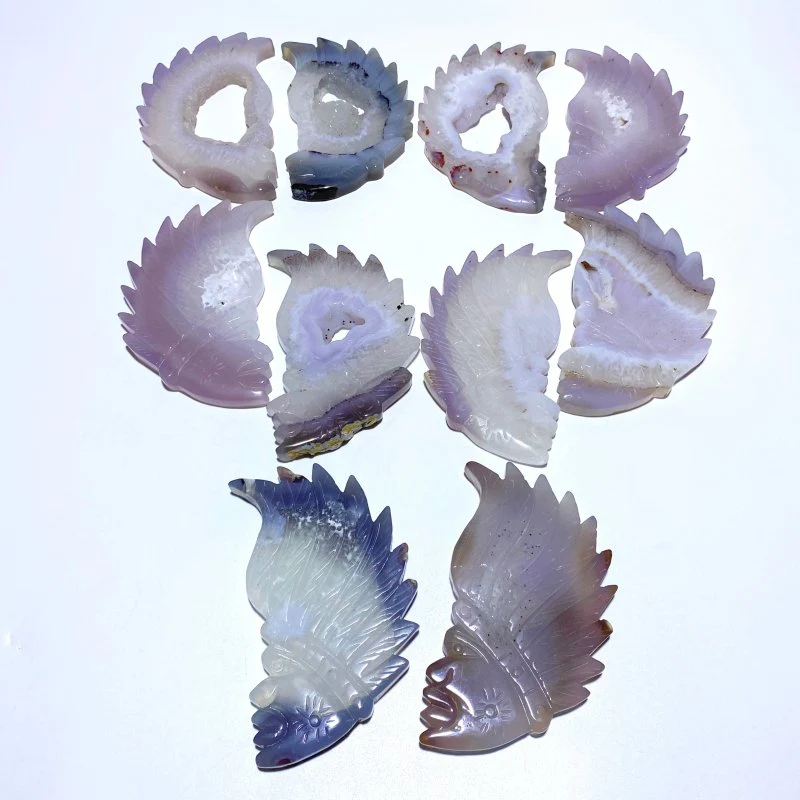 10 Pieces Geode Agate Druzy Indian Feathers Carving