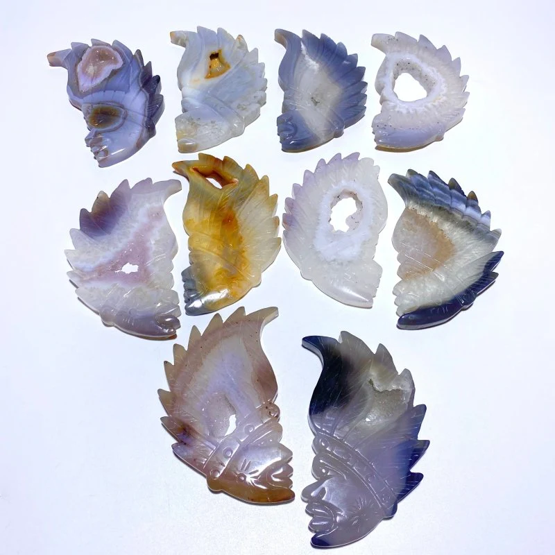 10 Pieces Geode Agate Druzy Indian Feathers Carving