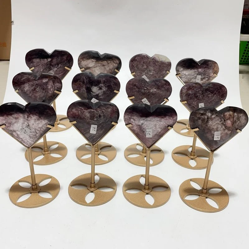 12 Pieces High Quality Flash Lepidolite Heart With Stand