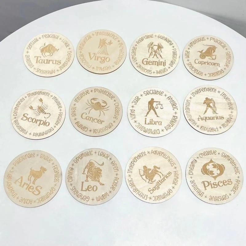 12 Constellations Zodiac Sign Wooden Slices Crystal Astrology Gift Coaster - Image 2