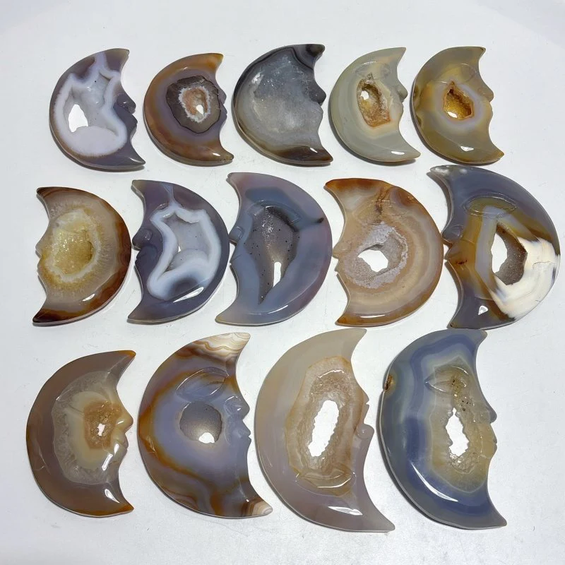 14 Pieces Druzy Geode Agate Moon Face Carving