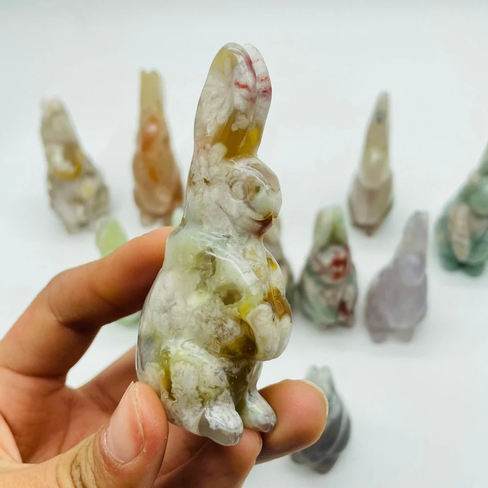 13 Pieces High Quality Sakura Flower Agate Rabbit Carving - Image 3