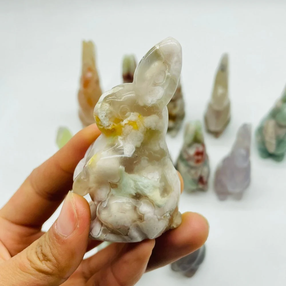 13 Pieces High Quality Sakura Flower Agate Rabbit Carving - Image 4