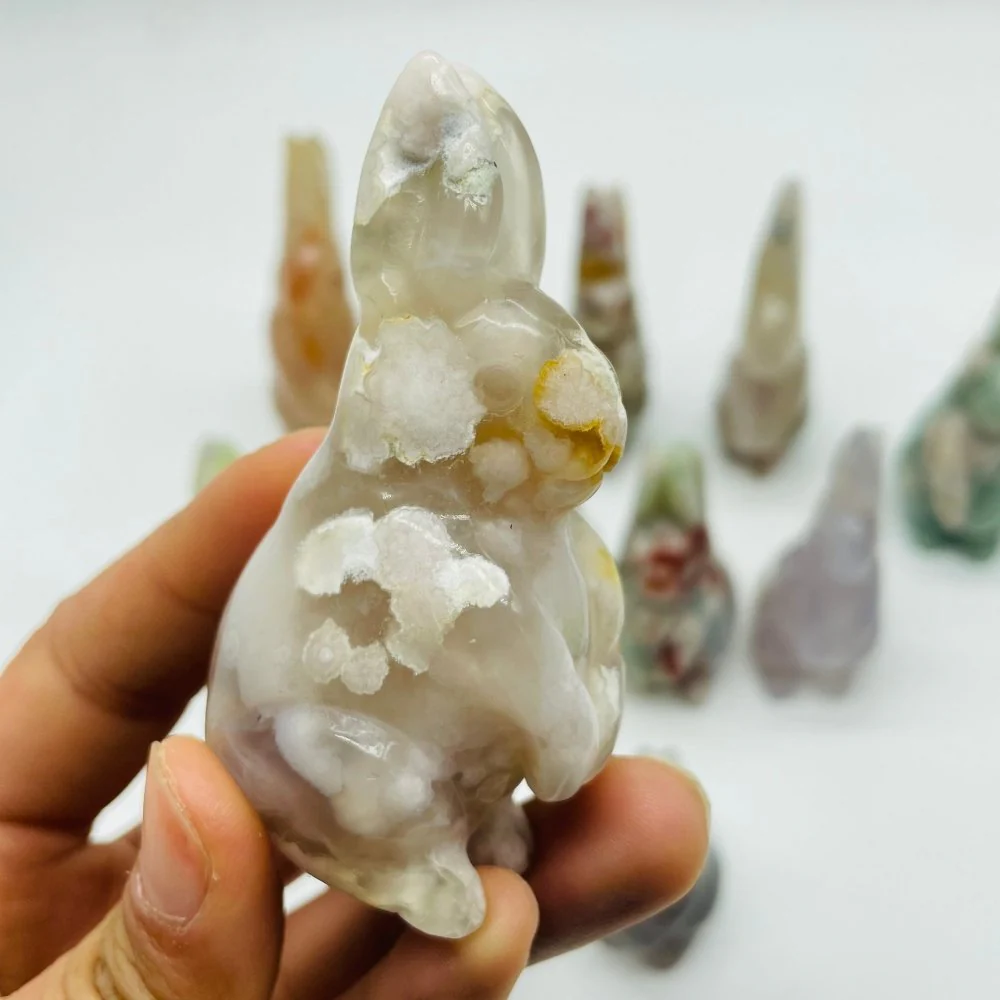 13 Pieces High Quality Sakura Flower Agate Rabbit Carving - Image 5