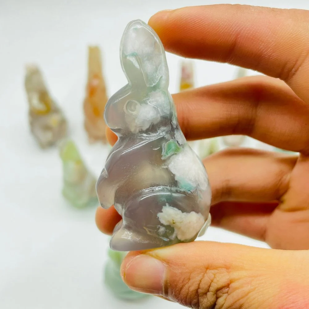 13 Pieces High Quality Sakura Flower Agate Rabbit Carving - Image 7