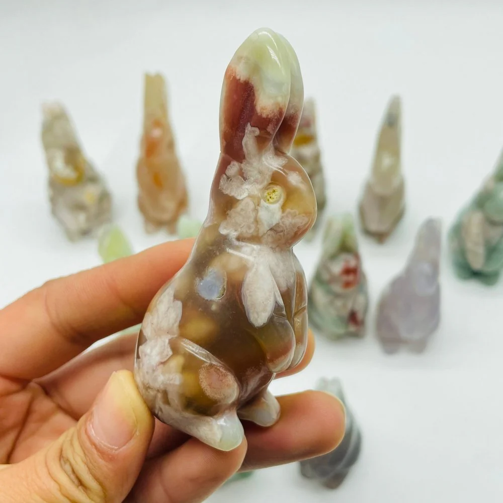 13 Pieces High Quality Sakura Flower Agate Rabbit Carving - Image 8