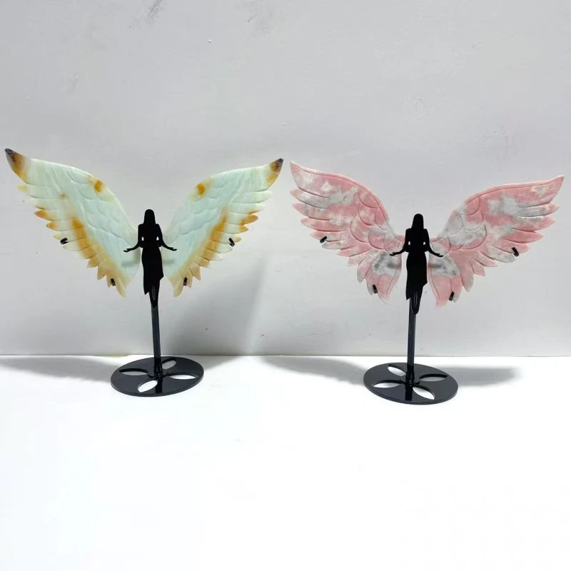 2 Pairs Angel Wing Carving With Stand Pink Opal Caribbean Calcite