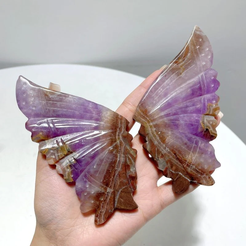 5 Pairs Amethyst Mixed Stripe Agate Butterfly Wing Carving With Stand - Image 2