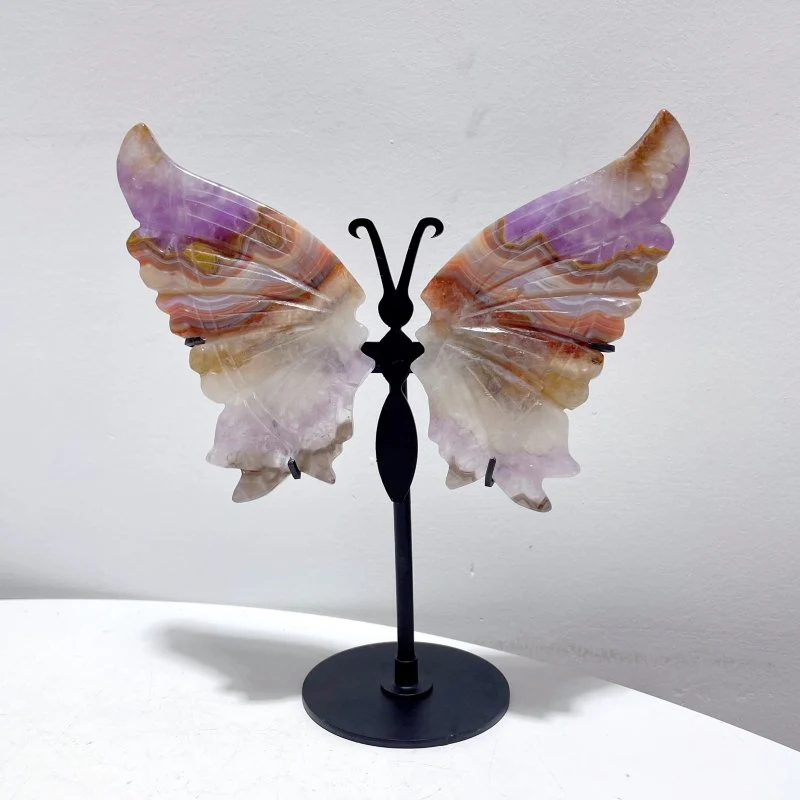 5 Pairs Amethyst Mixed Stripe Agate Butterfly Wing Carving With Stand - Image 5