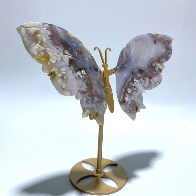 Black Sakura Flower Agate Butterfly Wing Carving With Stand