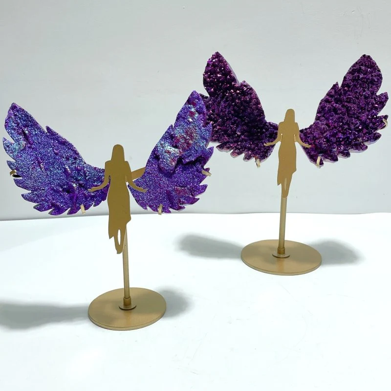 2 Pairs Aura Quartz Cluster Angel Wing Carving With Stand