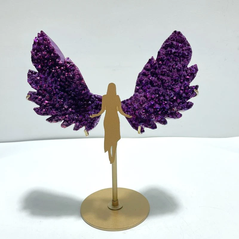 2 Pairs Aura Quartz Cluster Angel Wing Carving With Stand - Image 2