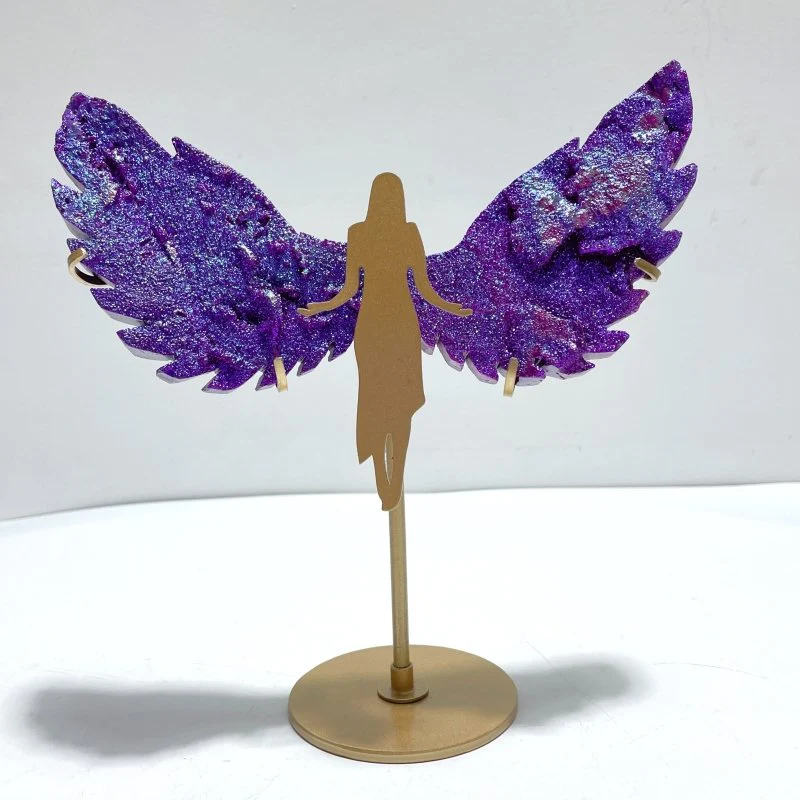 2 Pairs Aura Quartz Cluster Angel Wing Carving With Stand - Image 3