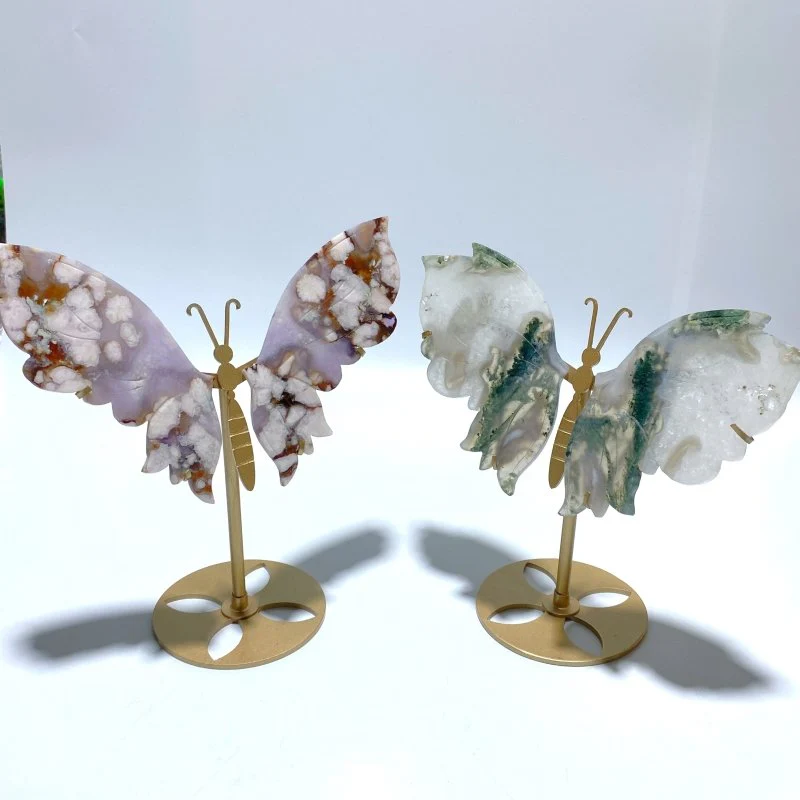 2 Pairs Butterfly Wing Carving With Stand Moss Agate Sakura Flower Agate