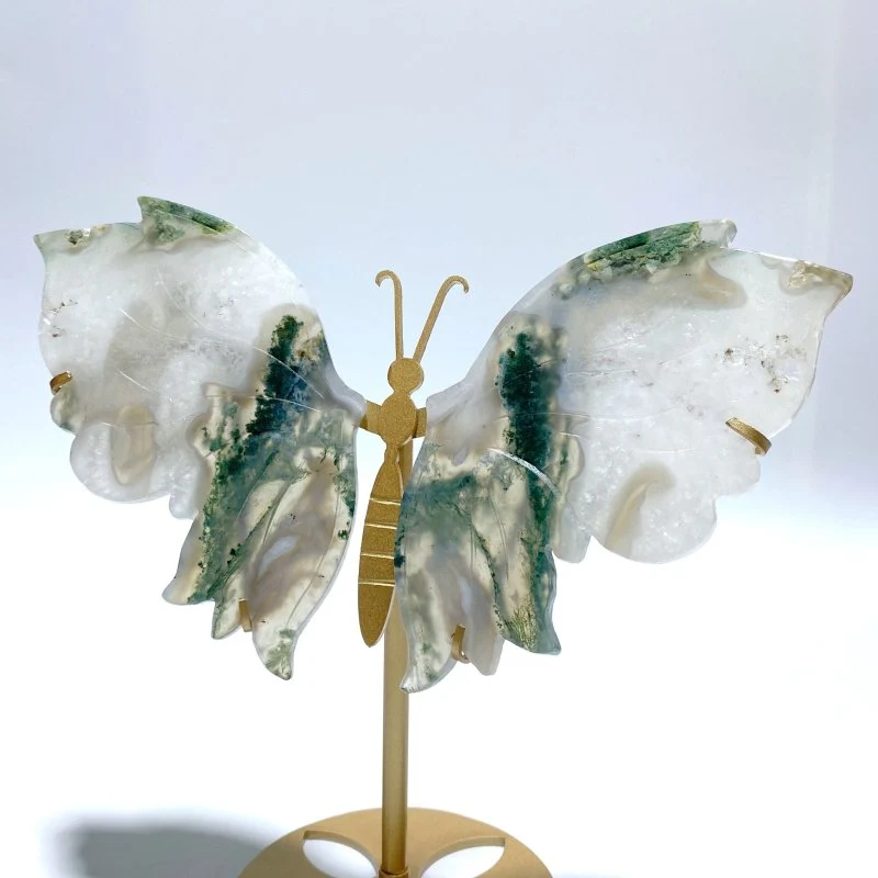 2 Pairs Butterfly Wing Carving With Stand Moss Agate Sakura Flower Agate - Image 2
