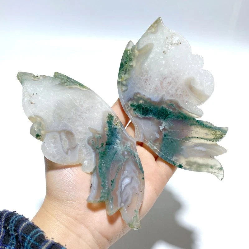 2 Pairs Butterfly Wing Carving With Stand Moss Agate Sakura Flower Agate - Image 4