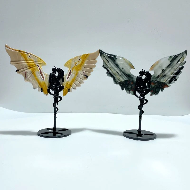 2 Pairs Demon and Angel Wing Carving With Stand Mookaite Africa Blood Stone