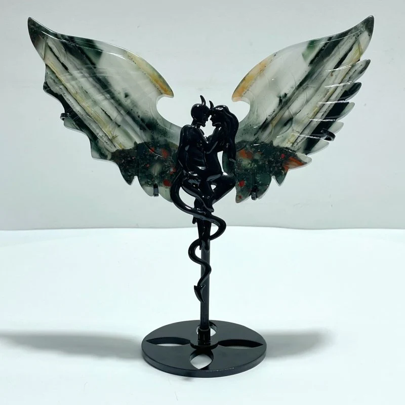 2 Pairs Demon and Angel Wing Carving With Stand Mookaite Africa Blood Stone - Image 2