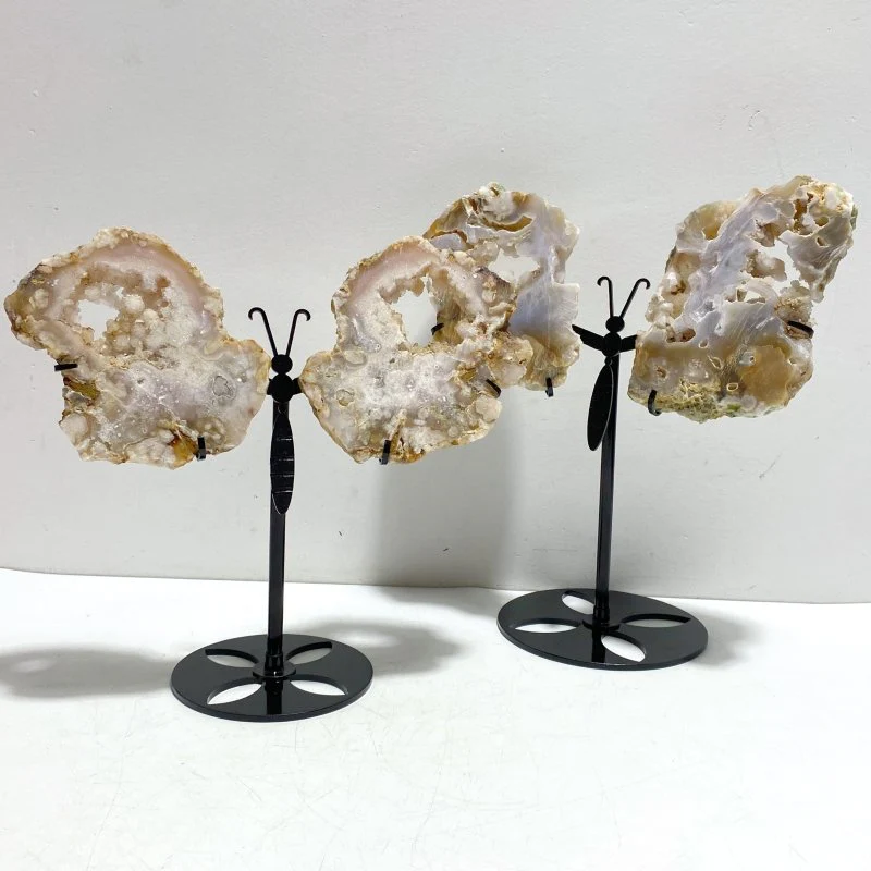 2 Pairs Geode Druzy Sakura Flower Agate Butterfly Wing With Stand