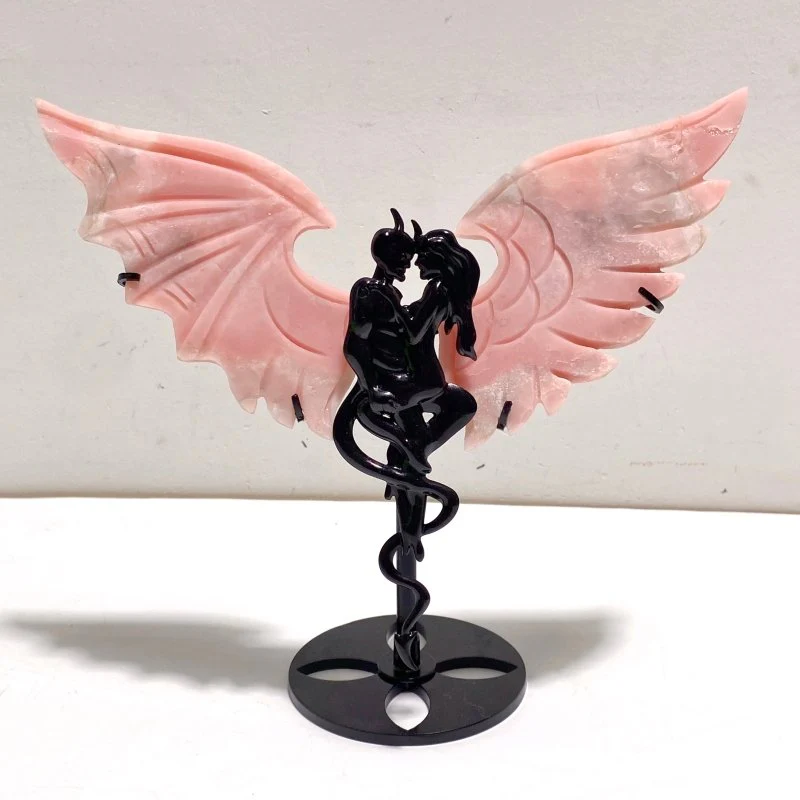 2 Pairs Pink Opal Demon Angel Wing Carving With Stand - Image 2