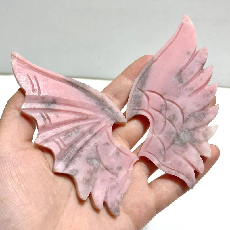 2 Pairs Pink Opal Demon Angel Wing Carving With Stand - Image 4