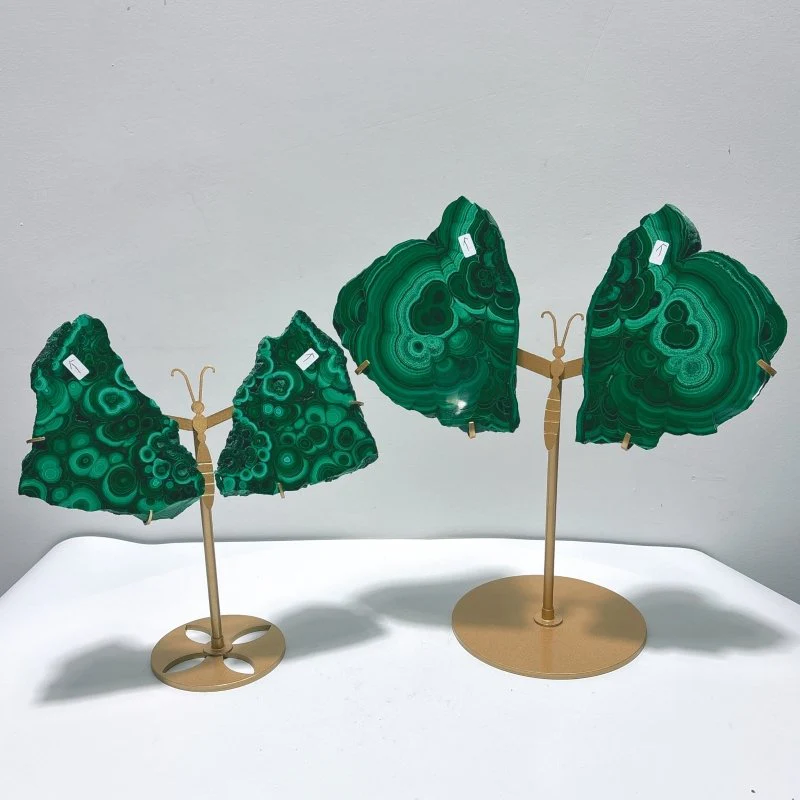 2 Pairs Polished Malachite Raw Slab Butterfly Wing With Stand (#5)