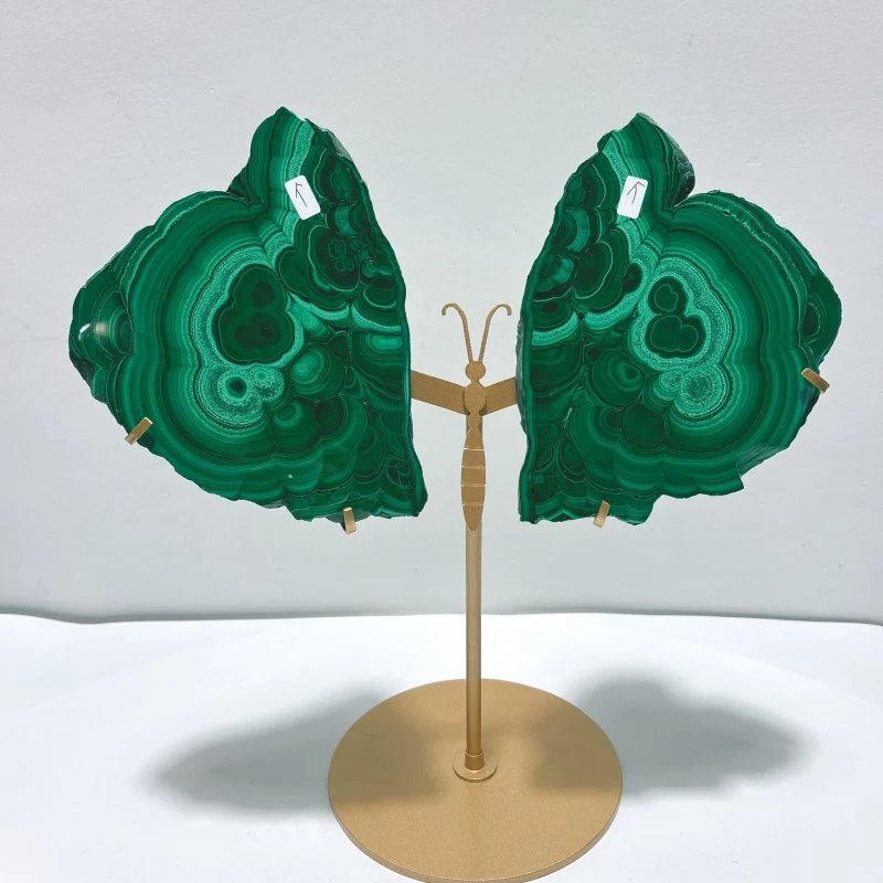 2 Pairs Polished Malachite Raw Slab Butterfly Wing With Stand (#5) - Image 2