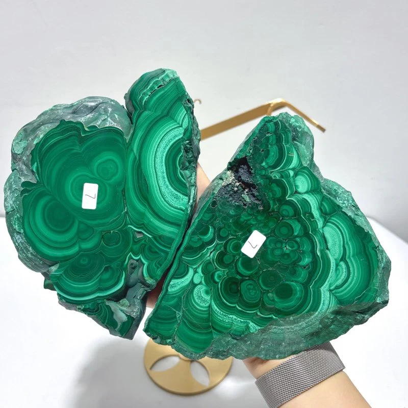 2 Pairs Polished Malachite Raw Slab Butterfly Wing With Stand (#5) - Image 4