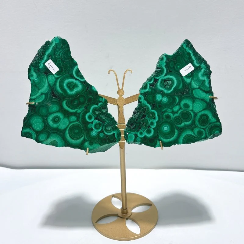 2 Pairs Polished Malachite Raw Slab Butterfly Wing With Stand (#5) - Image 5
