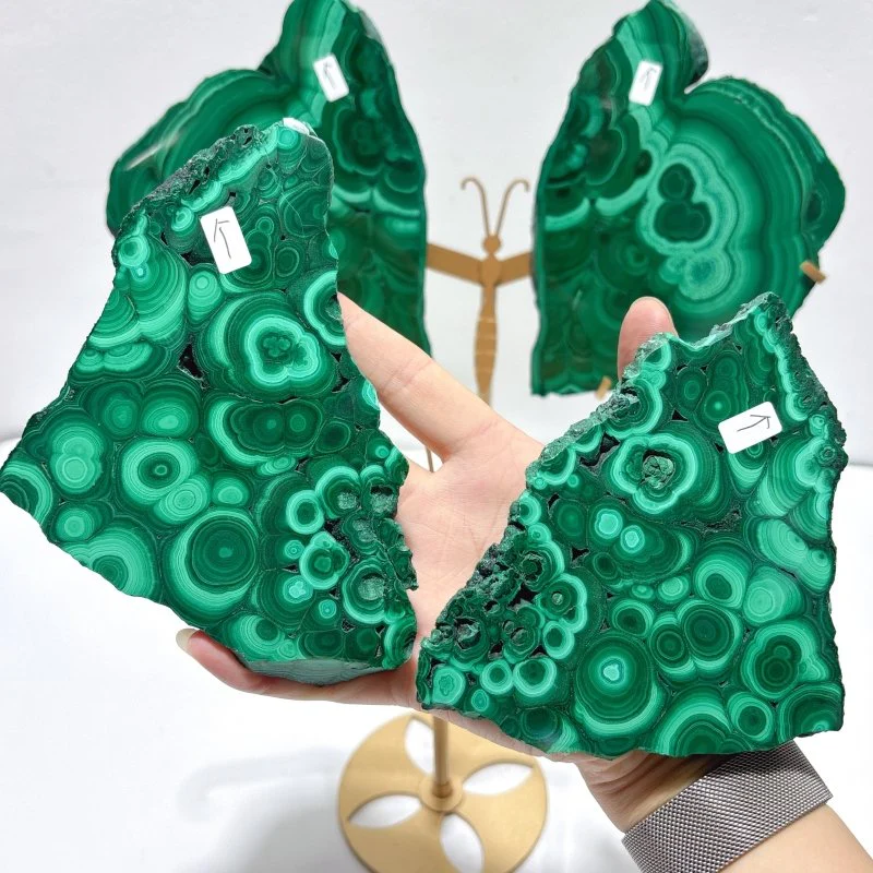 2 Pairs Polished Malachite Raw Slab Butterfly Wing With Stand (#5) - Image 6