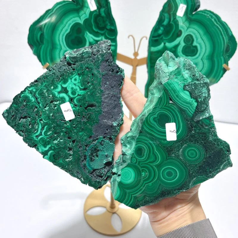2 Pairs Polished Malachite Raw Slab Butterfly Wing With Stand (#5) - Image 7