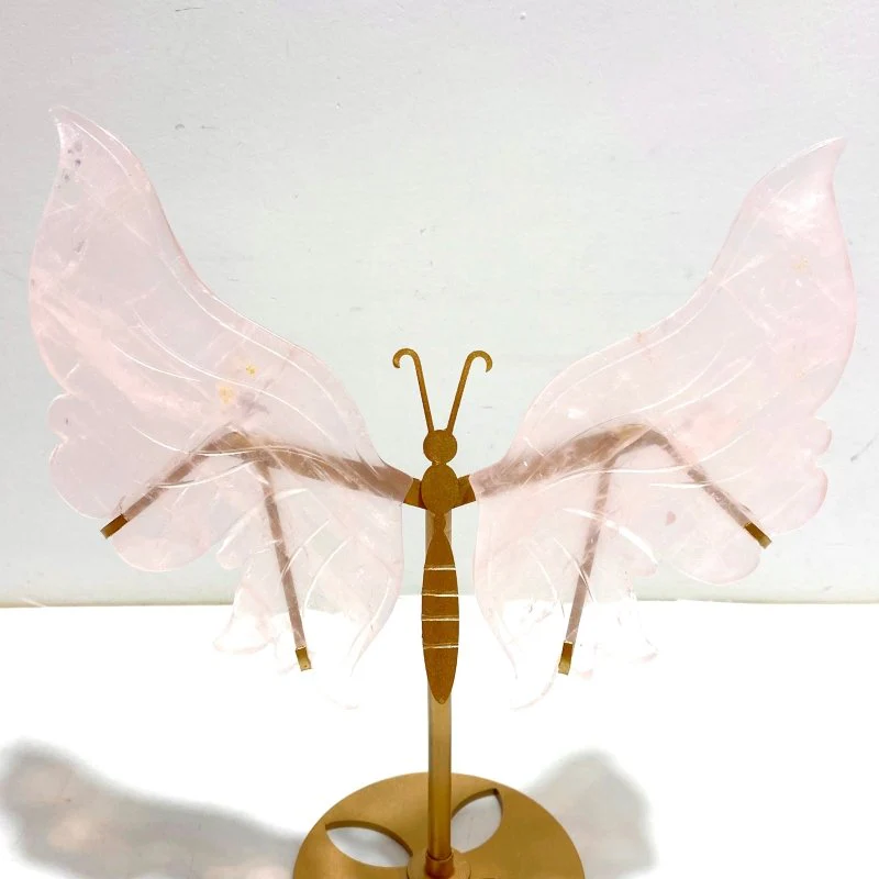2 Pairs Rose Quartz Butterfly Wing Carving With Stand - Image 2