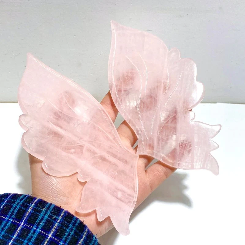 2 Pairs Rose Quartz Butterfly Wing Carving With Stand - Image 5