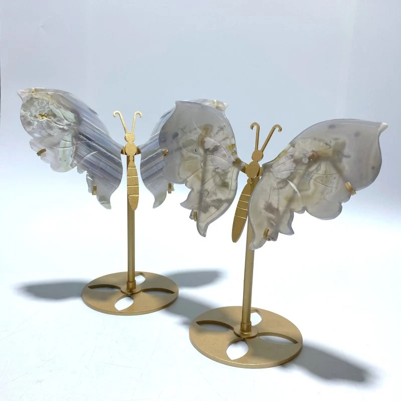 2 Pairs Sakura Flower Agate Butterfly Wing Carving With Stand