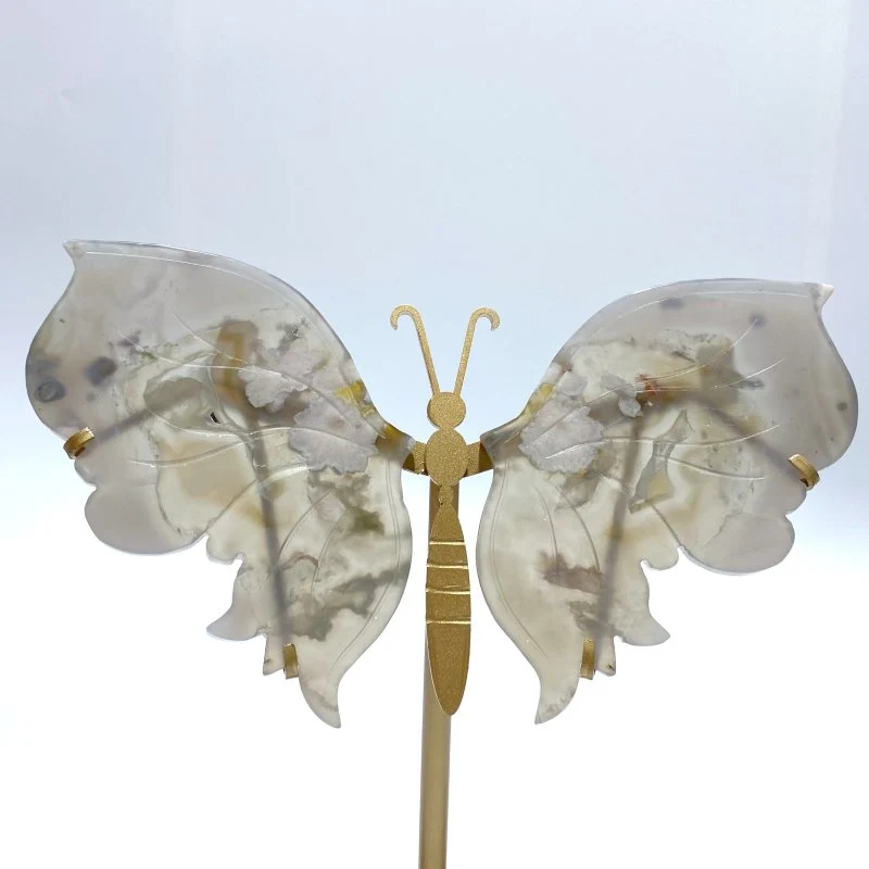 2 Pairs Sakura Flower Agate Butterfly Wing Carving With Stand - Image 2
