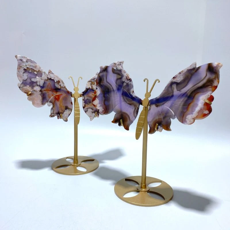 2 Pairs Sakura Flower Agate Butterfly Wing Carving With Stand