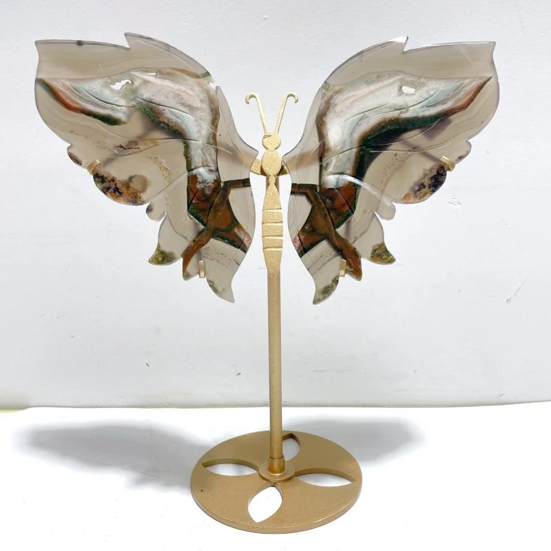 Stripe Agate Symmetry Butterfly Wing Carving With Stand