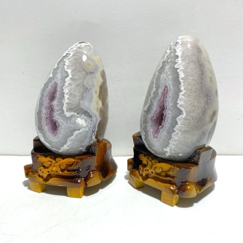 2 Pieces Amethyst Mixed Geode Agate Dinosaur Egg With Stand