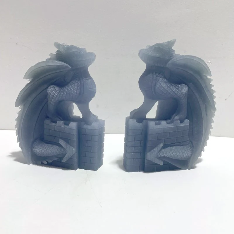 2 Pieces Beautiful Blue Angelite Flying Dragon Castle Carving