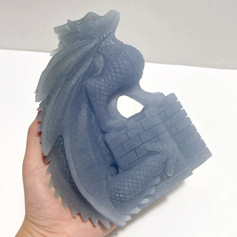 2 Pieces Beautiful Blue Angelite Flying Dragon Castle Carving - Image 2