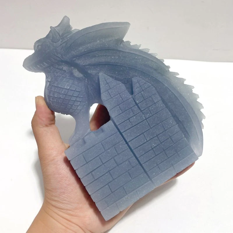 2 Pieces Beautiful Blue Angelite Flying Dragon Castle Carving - Image 3